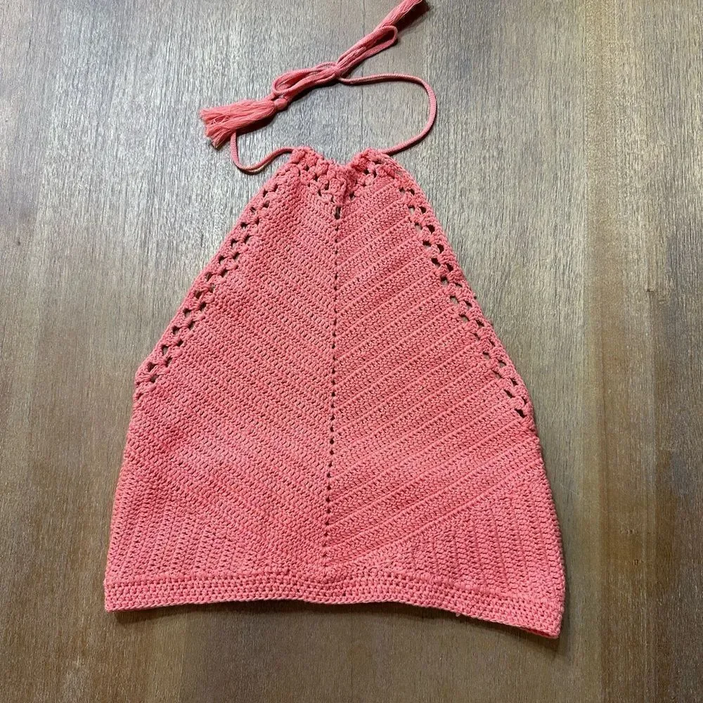 Free People Know Better Crochet Knit Cropped Halter Pink Watermelon Small